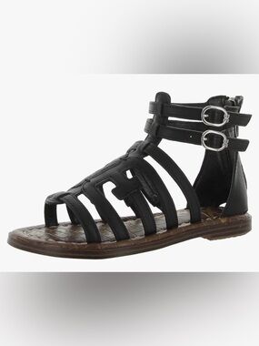 Sam Edelman Black Leather Gladiator Strappy Flat Sandals w Buckle & Back Zip 9.5